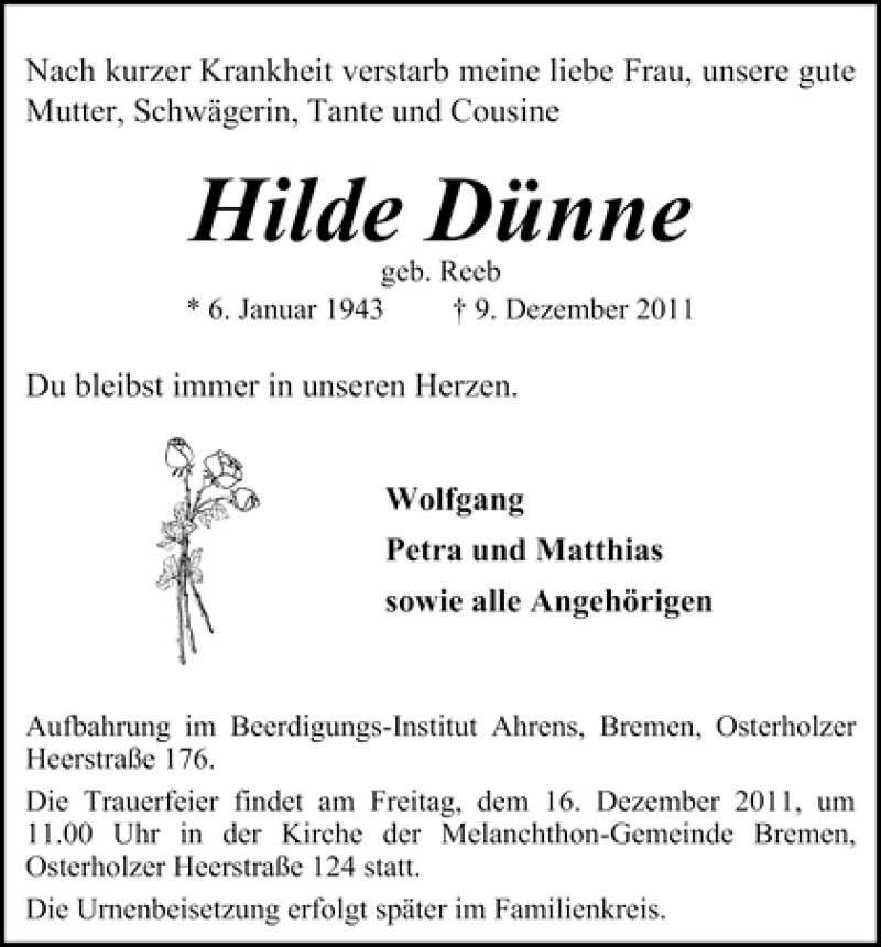  Traueranzeige für Hilde Dünne vom 14.12.2011 aus WESER-KURIER