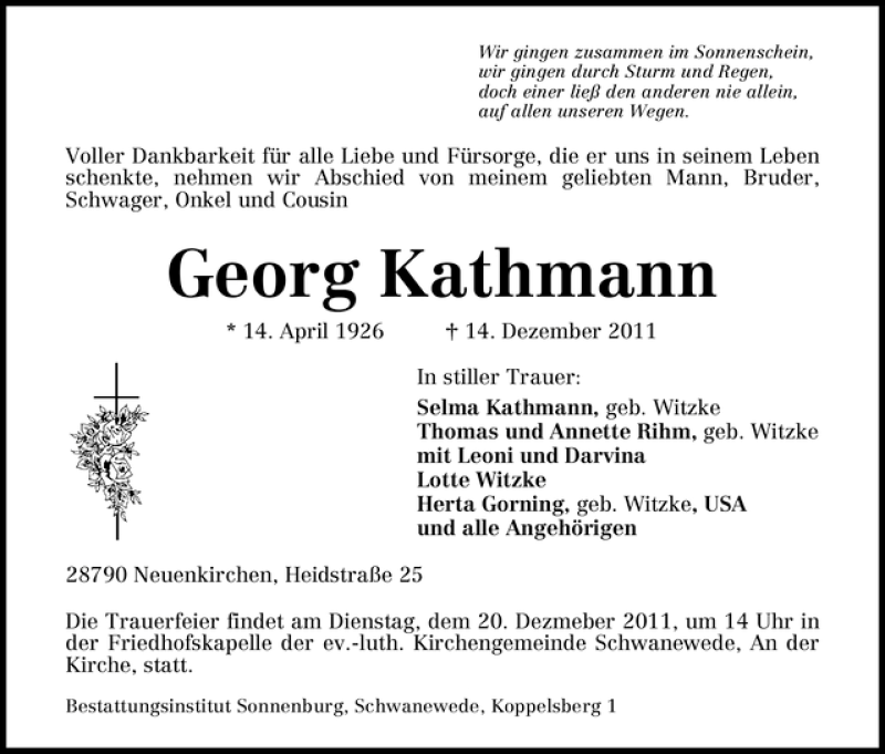 Traueranzeige von Georg Kathmann von WESER-KURIER