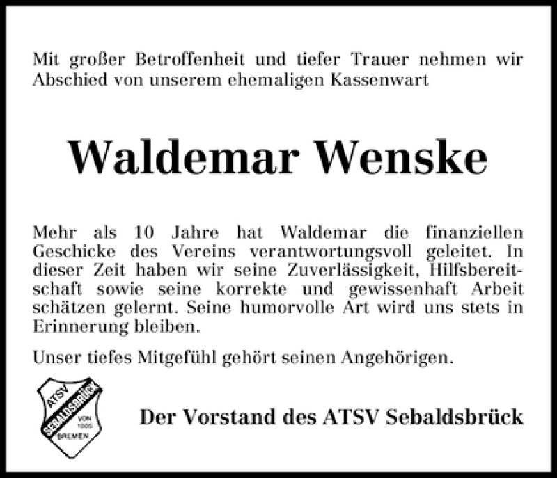 Traueranzeige von Waldemar Wenske von WESER-KURIER