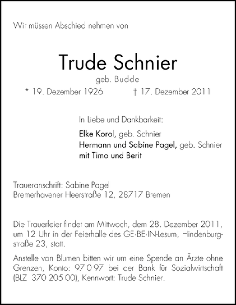 Traueranzeige von Trude Schnier von WESER-KURIER