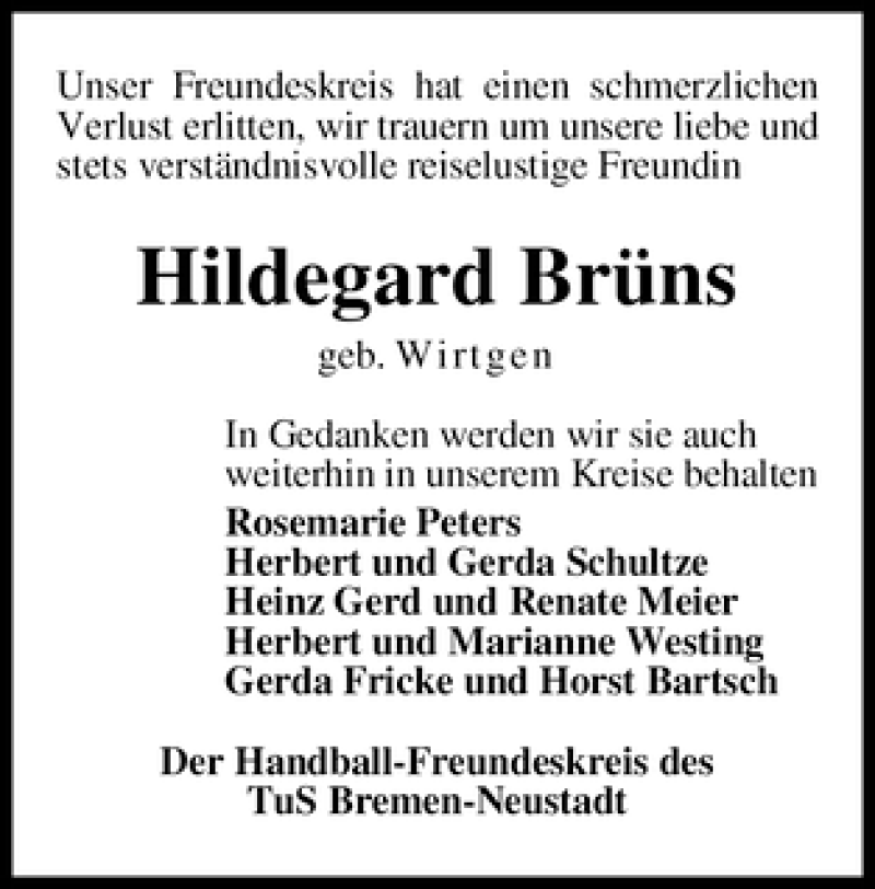 Traueranzeige von Hildegard Brüns von WESER-KURIER