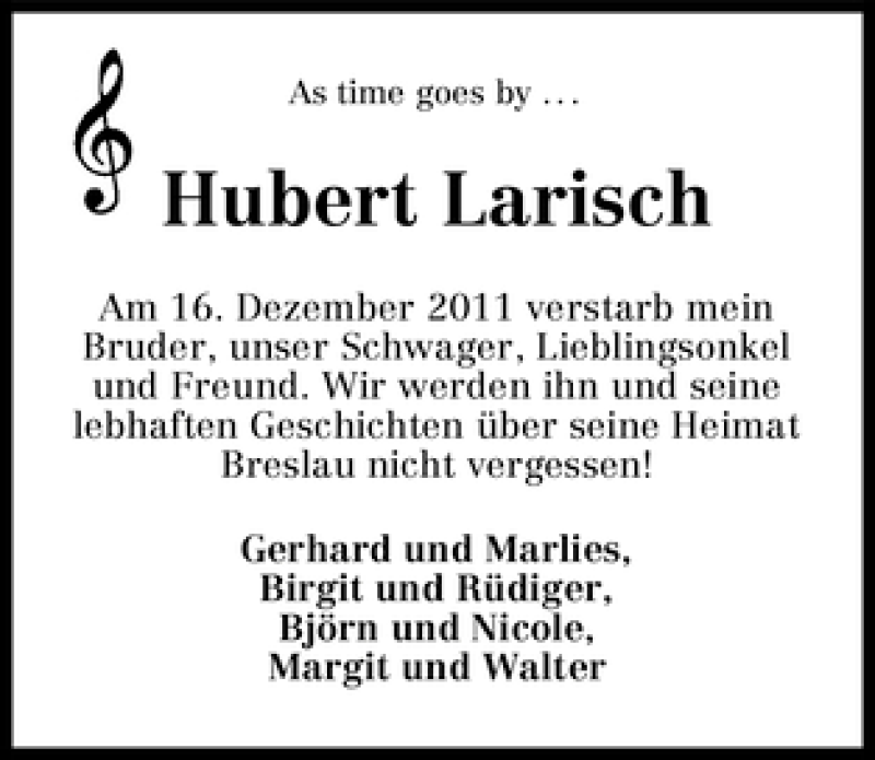 Traueranzeige von Hubert Larisch von WESER-KURIER