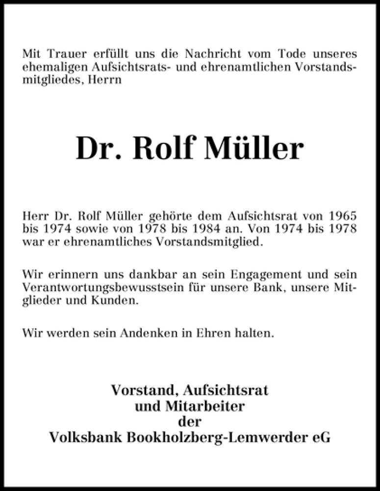 Traueranzeige von Rolf Müller von WESER-KURIER