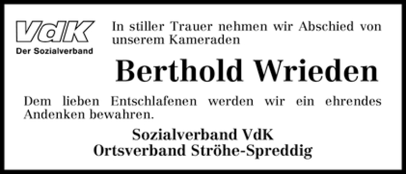  Traueranzeige für Berthold Wrieden vom 14.02.2012 aus WESER-KURIER