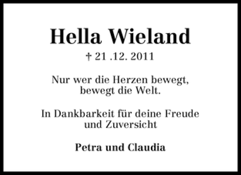 Traueranzeige von Hella Wieland von WESER-KURIER
