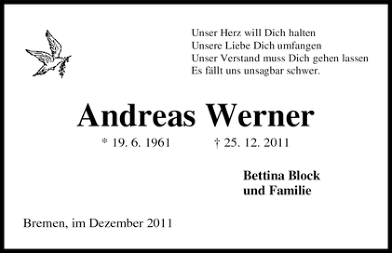  Traueranzeige für Andreas Werner vom 30.12.2011 aus WESER-KURIER