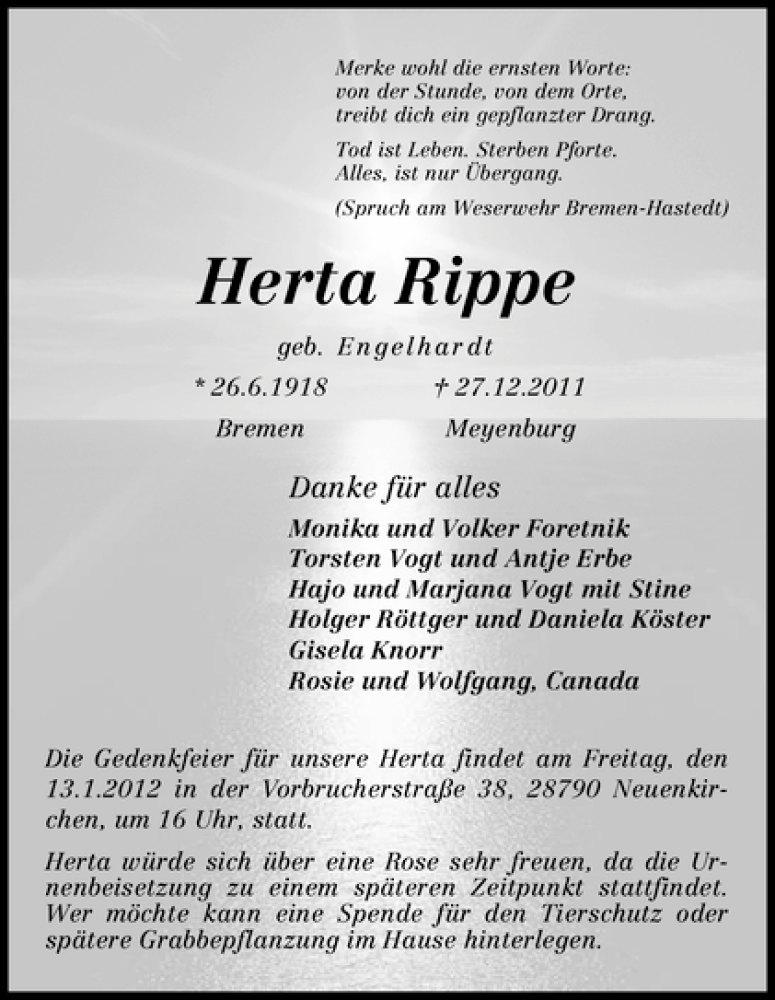 Traueranzeige von Herta Rippe von WESER-KURIER