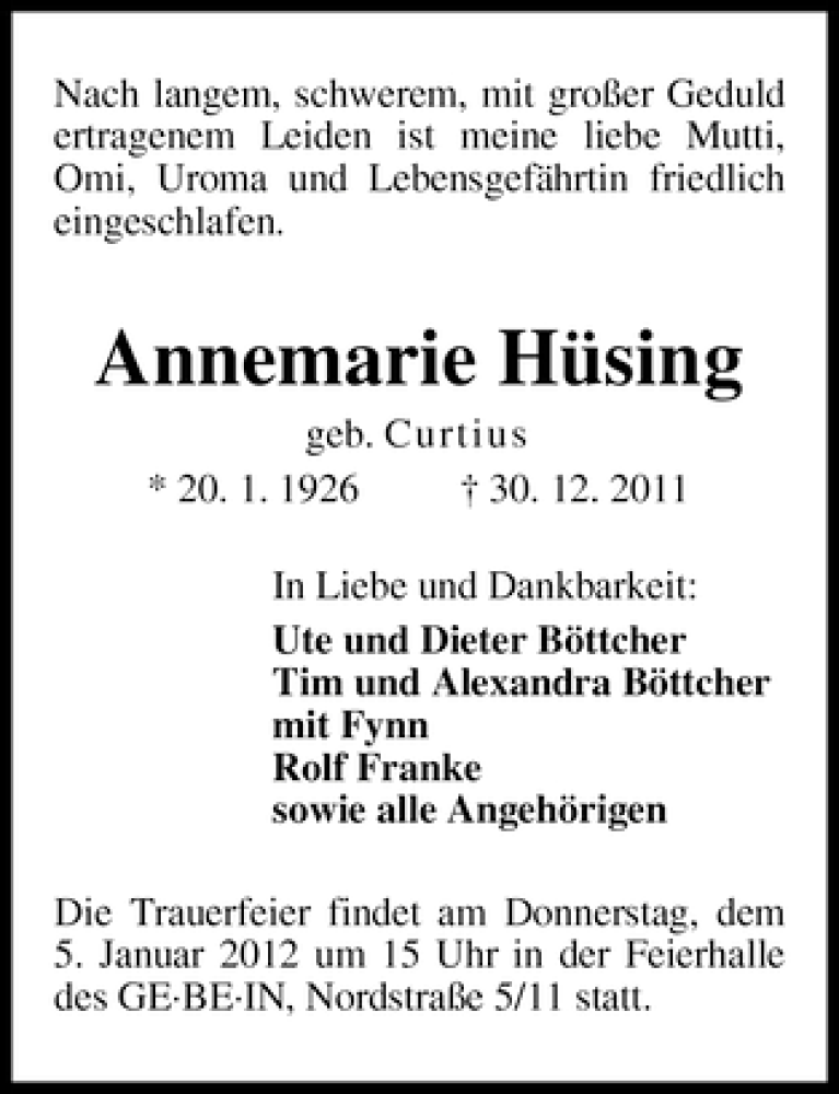 Traueranzeige von Annemarie Hüsing von WESER-KURIER