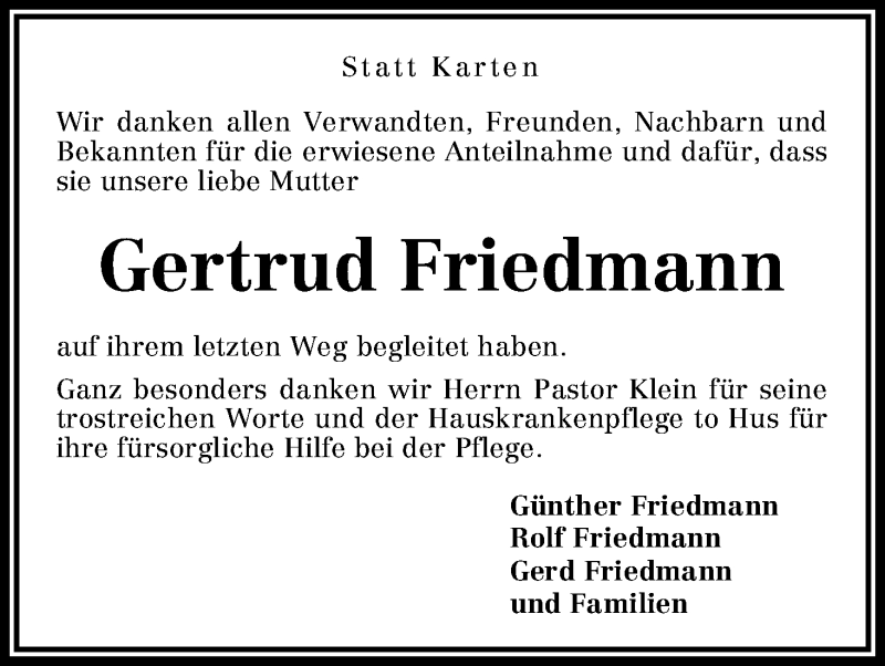 Traueranzeige von Gertrud Friedmann von WESER-KURIER