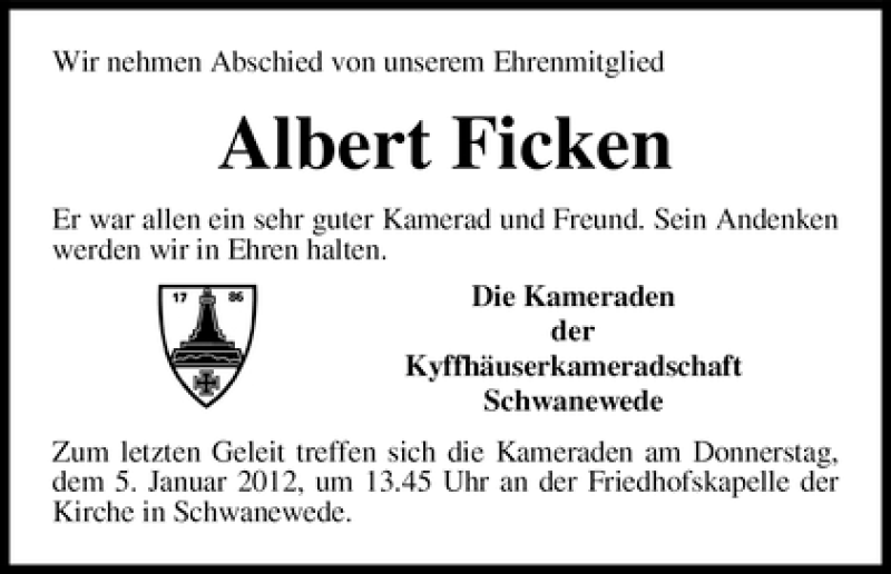 Traueranzeige von Albert Ficken von WESER-KURIER