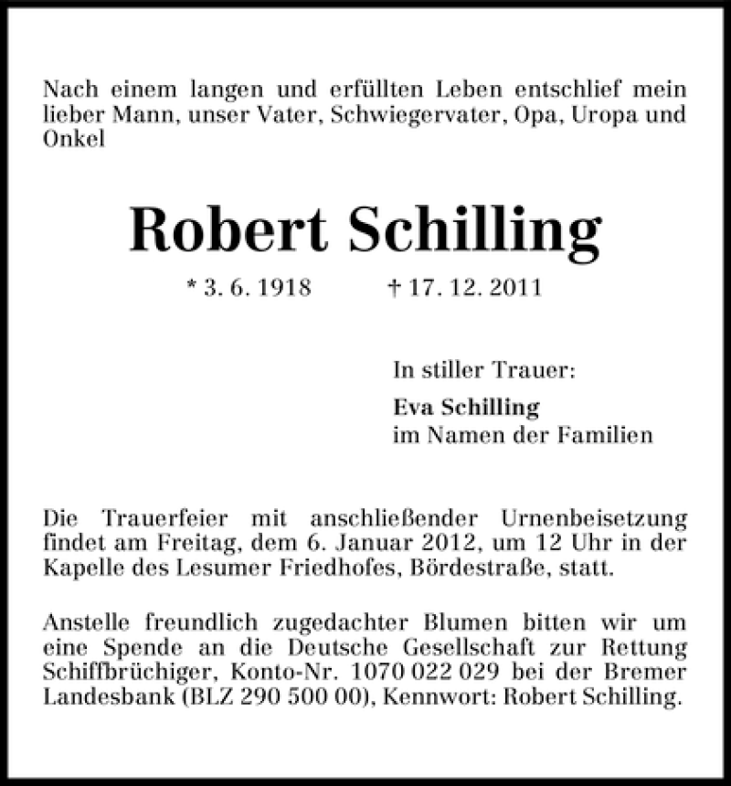 Traueranzeige von Robert Schilling von WESER-KURIER