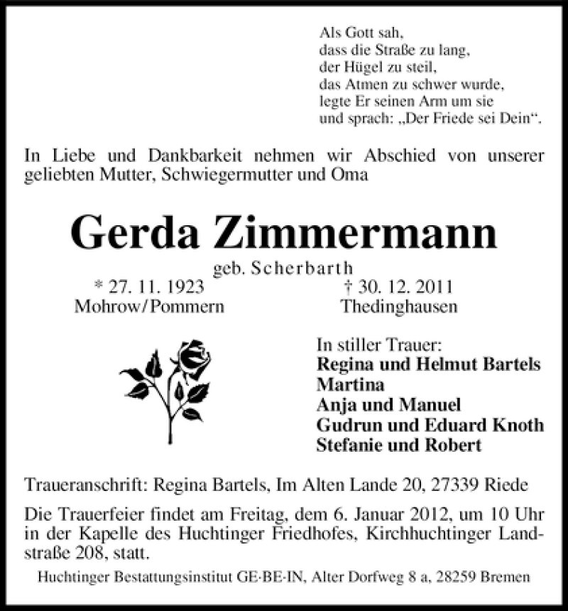 Traueranzeige von Gerda Zimmermann von WESER-KURIER