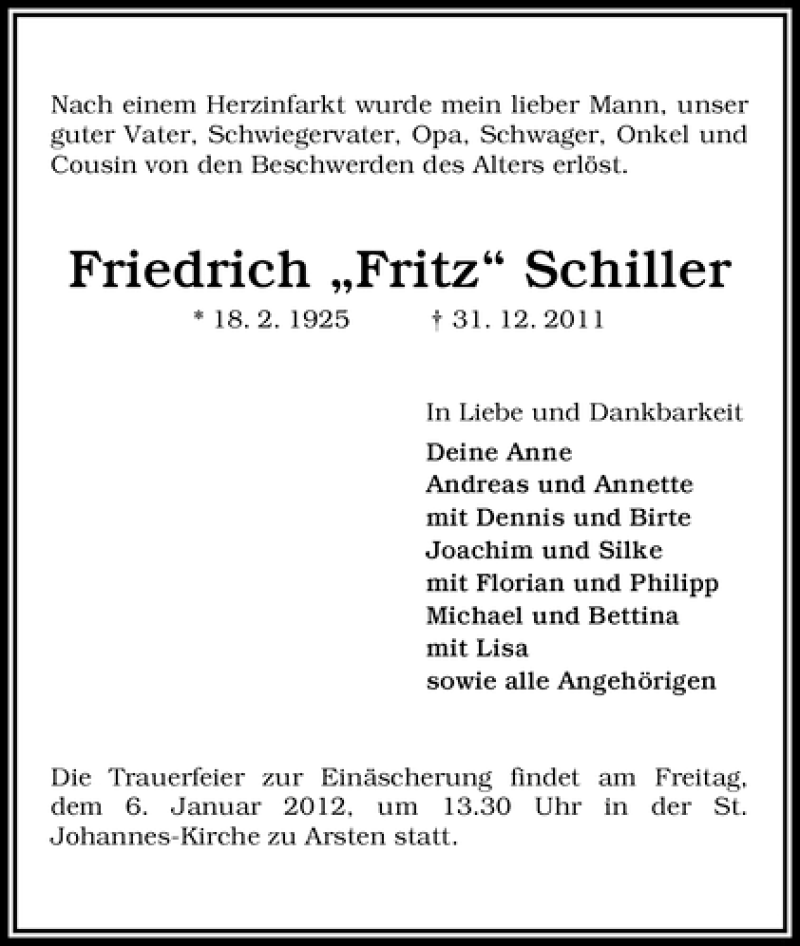 Traueranzeige von Friedrich Schiller von WESER-KURIER