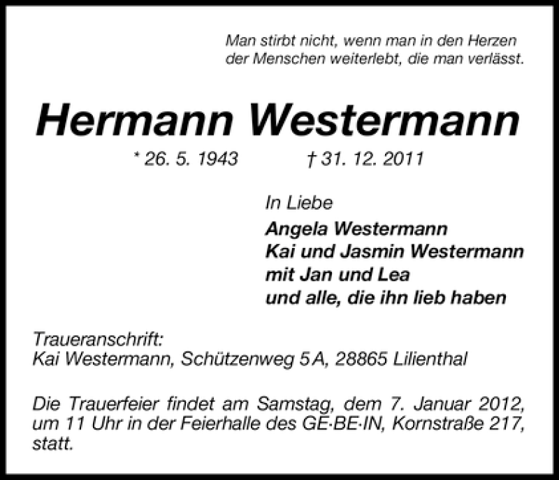 Traueranzeige von Hermann Westermann von WESER-KURIER