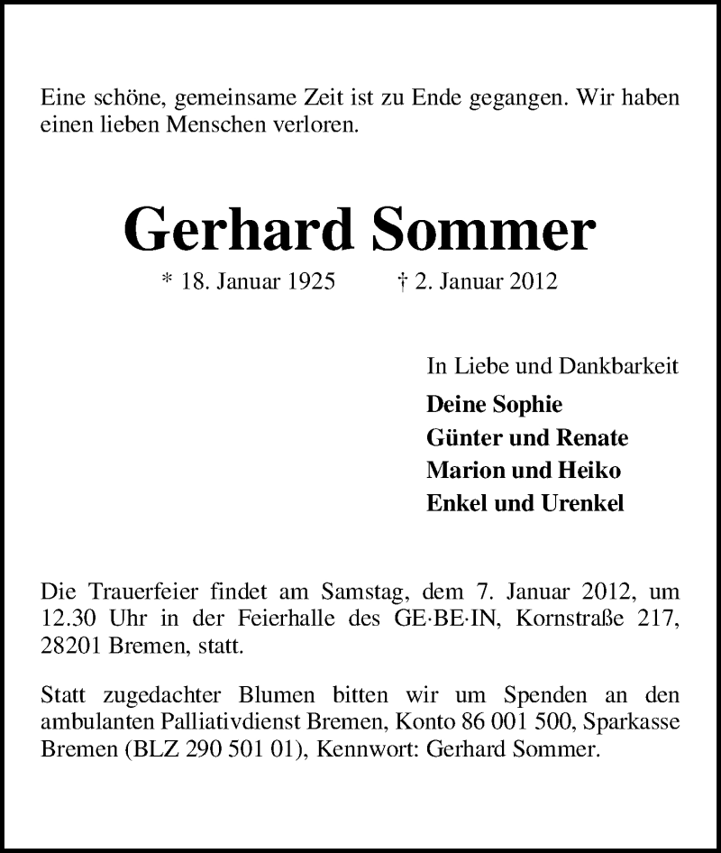 Traueranzeige von Gerhard Sommer von WESER-KURIER