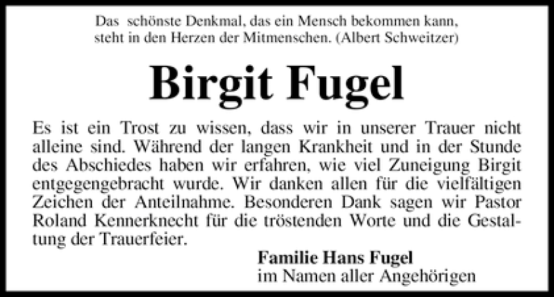 Traueranzeige von Birgit Fugel von WESER-KURIER