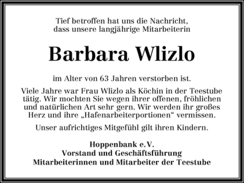 Traueranzeige von Barbara Wlizlo von WESER-KURIER