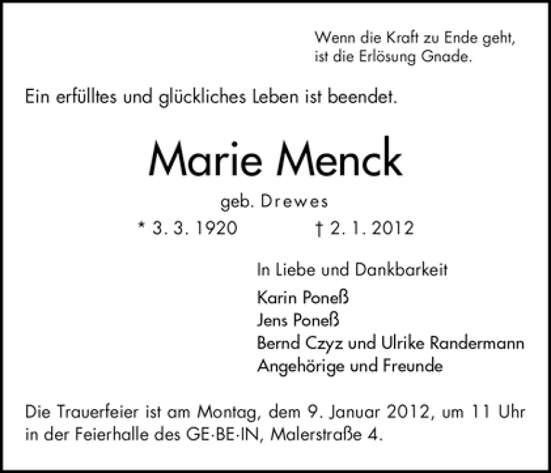 Traueranzeige von Marie Menck von WESER-KURIER