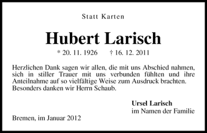 Traueranzeige von Hubert Larisch von WESER-KURIER