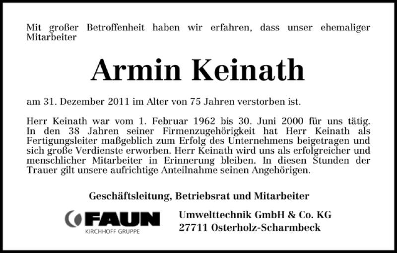  Traueranzeige für Armin Keinath vom 06.01.2012 aus WESER-KURIER