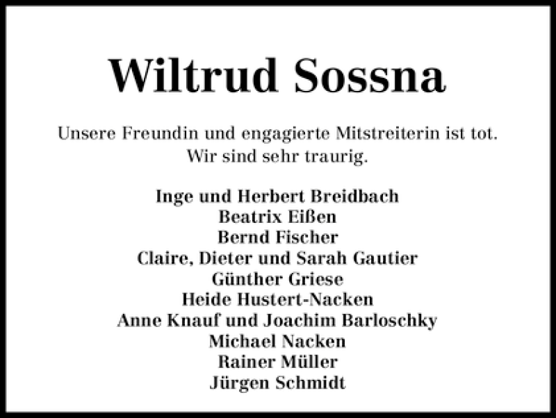 Traueranzeige von Wiltrud Sossna von WESER-KURIER