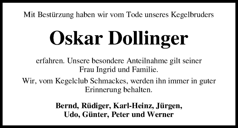 Traueranzeige von Oskar Dollinger von WESER-KURIER