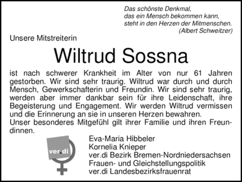 Traueranzeige von Wiltrud Sossna von WESER-KURIER