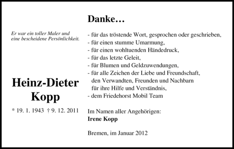  Traueranzeige für Heinz-Dieter Kopp vom 07.01.2012 aus WESER-KURIER