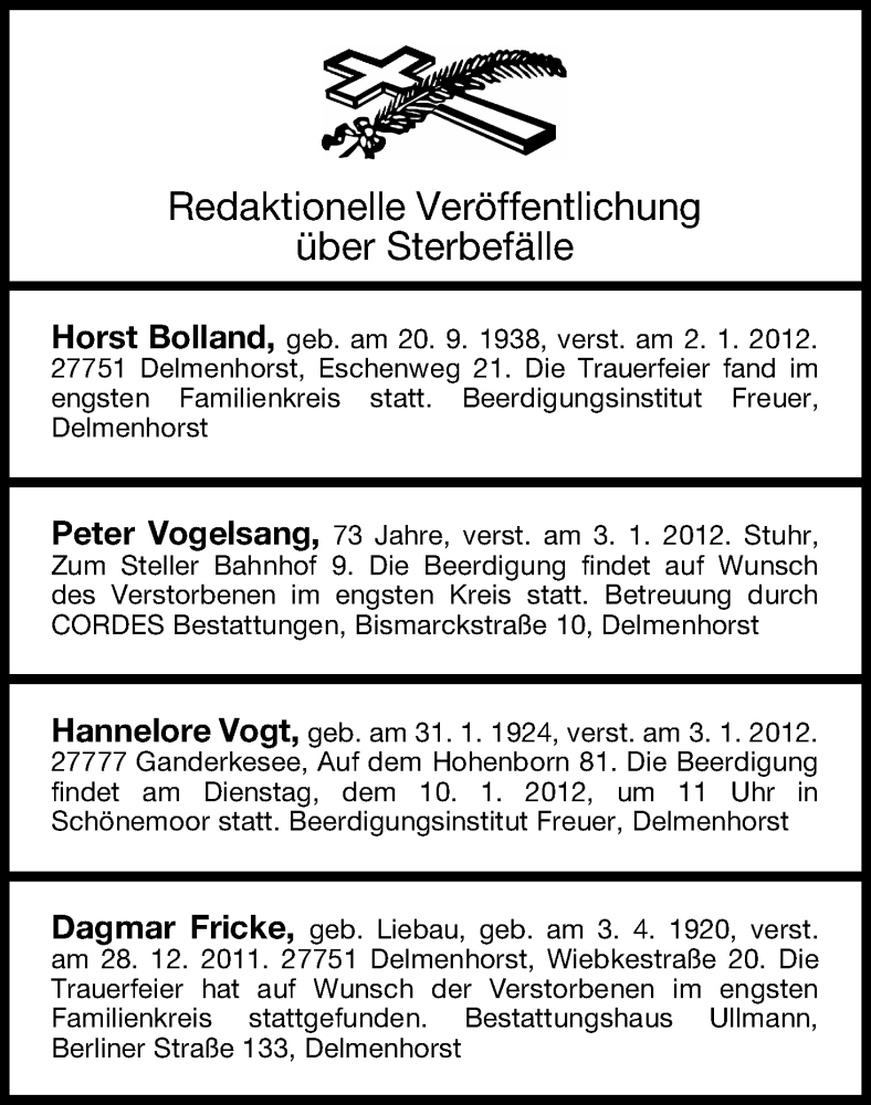 Traueranzeige von Sterbefälle vom 07.01.2012 von WESER-KURIER
