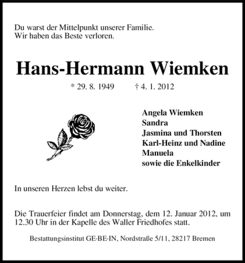  Traueranzeige für Hans-Hermann Wiemken vom 07.01.2012 aus WESER-KURIER
