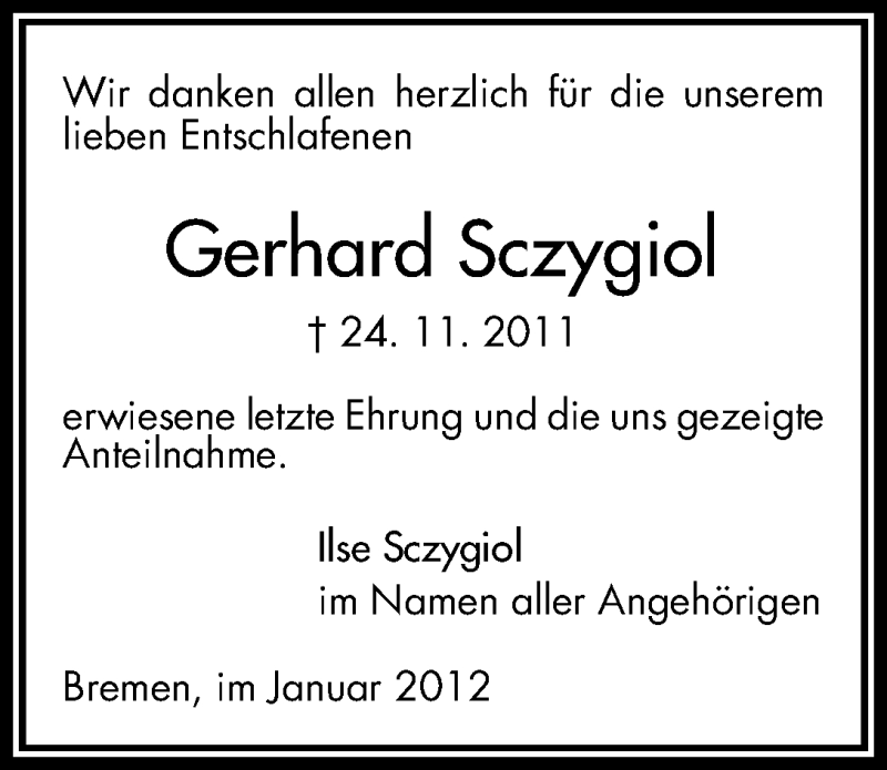  Traueranzeige für Gerhard Sczygiol vom 07.01.2012 aus WESER-KURIER