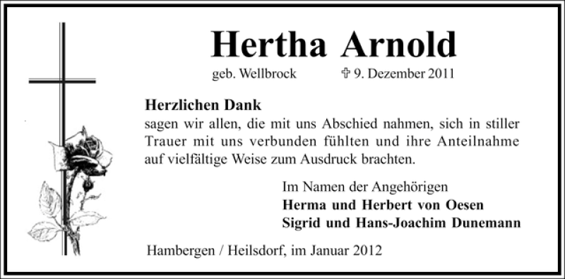  Traueranzeige für Hertha Arnold vom 07.01.2012 aus WESER-KURIER