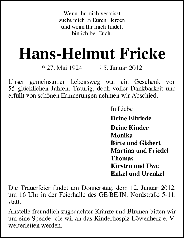 Traueranzeige von Hans-Helmut Fricke von WESER-KURIER
