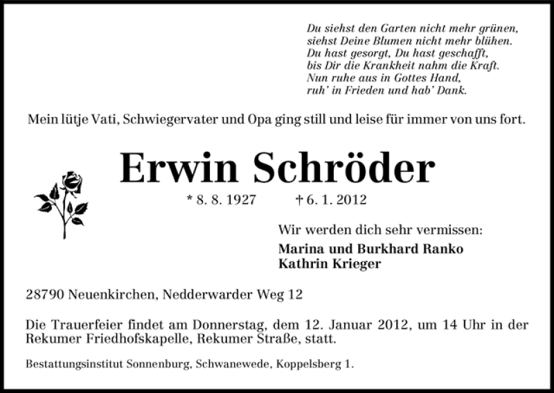 Traueranzeige von Erwin Schörder von WESER-KURIER