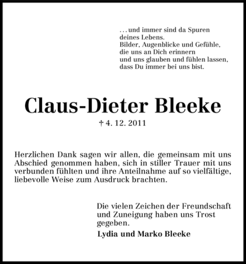 Traueranzeige von Claus-Dieter Bleeke von WESER-KURIER
