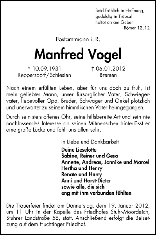  Traueranzeige für Manfred Vogel vom 14.01.2012 aus WESER-KURIER