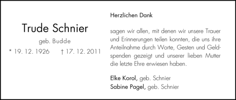 Traueranzeige von Trude Schnier von WESER-KURIER