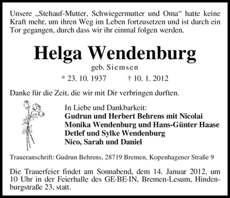 Traueranzeige von Helga Wendenburg von WESER-KURIER