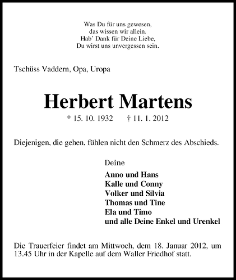 Traueranzeige von Herbert Martens von WESER-KURIER