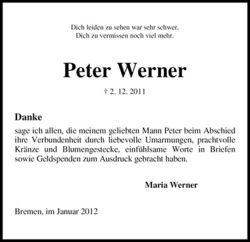 Traueranzeige von Peter Werner von WESER-KURIER