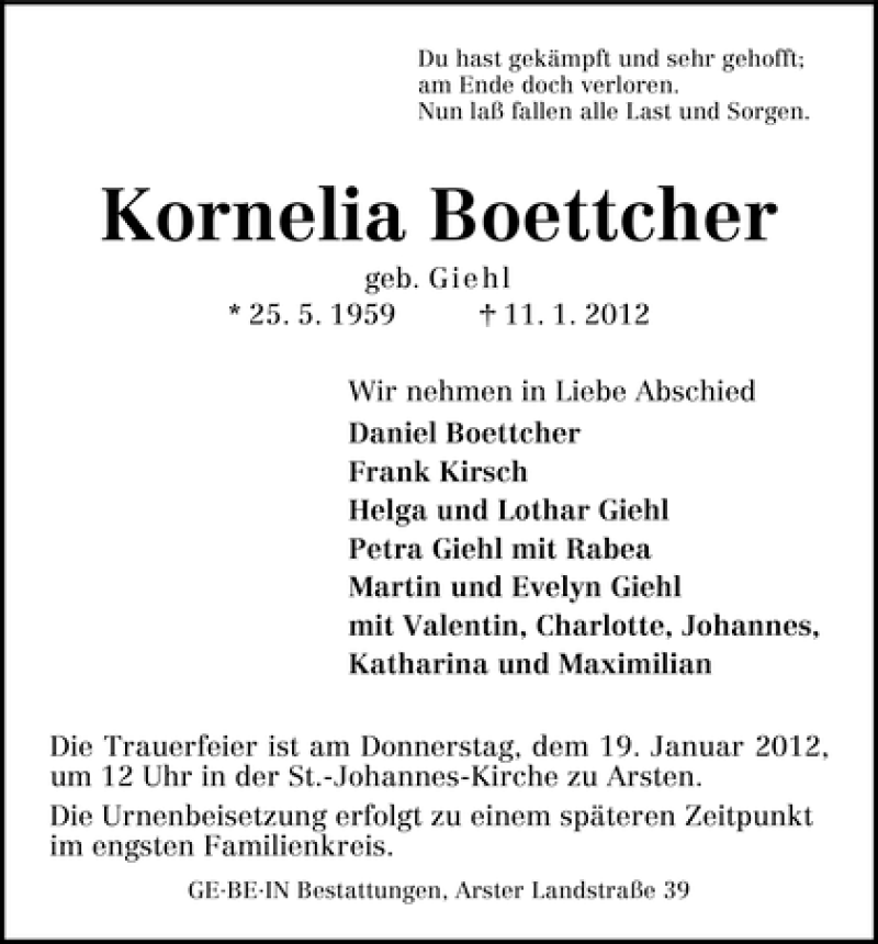 Traueranzeige von Kornelia Boettcher von WESER-KURIER