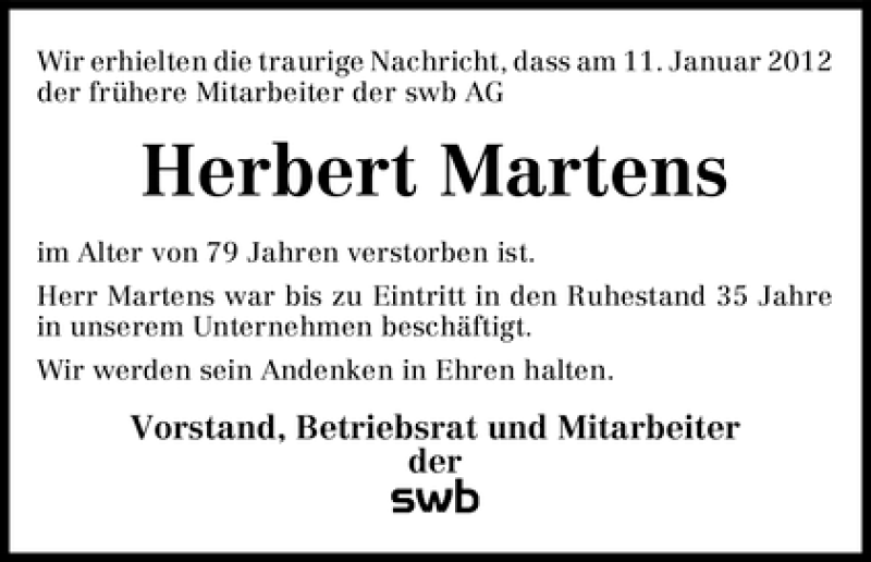  Traueranzeige für Herbert Martens vom 14.01.2012 aus WESER-KURIER