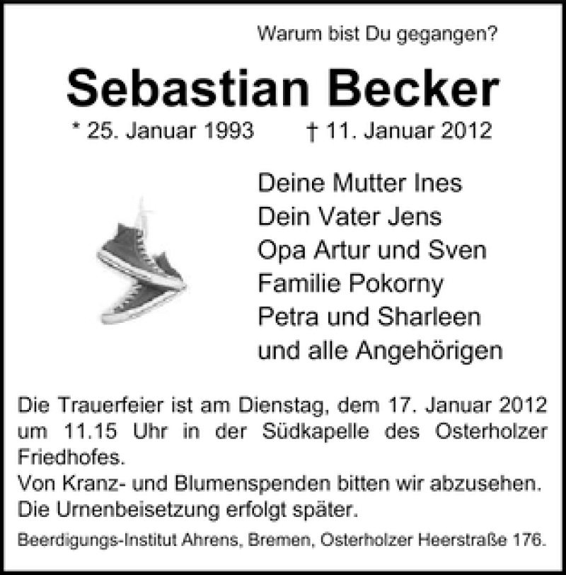  Traueranzeige für Sebastian Becker vom 16.01.2012 aus WESER-KURIER