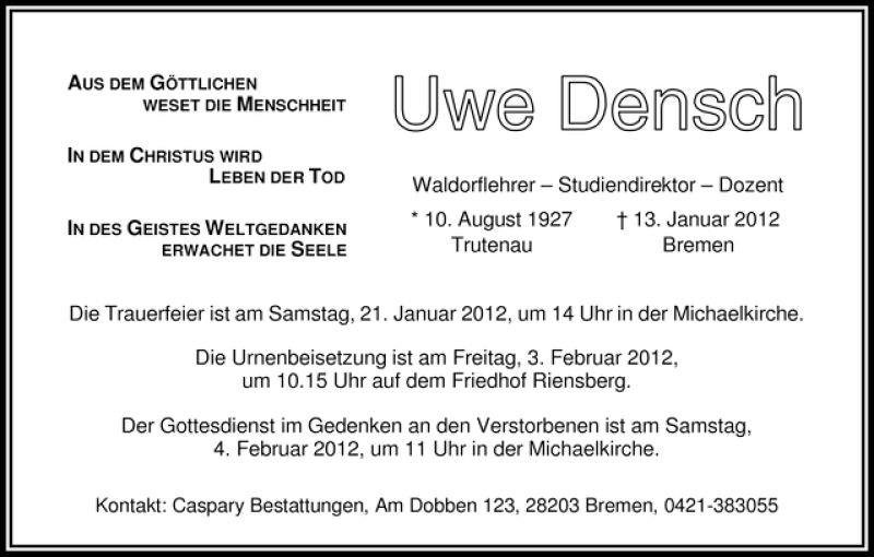  Traueranzeige für Uwe Densch vom 18.01.2012 aus WESER-KURIER
