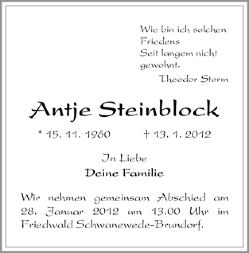  Traueranzeige für Antje Steinblock vom 21.01.2012 aus WESER-KURIER