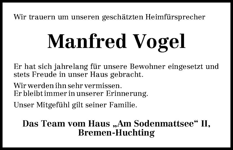  Traueranzeige für Manfred Vogel vom 17.01.2012 aus WESER-KURIER