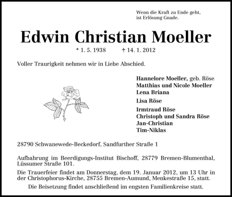  Traueranzeige für Edwin Christian Moeller vom 17.01.2012 aus WESER-KURIER