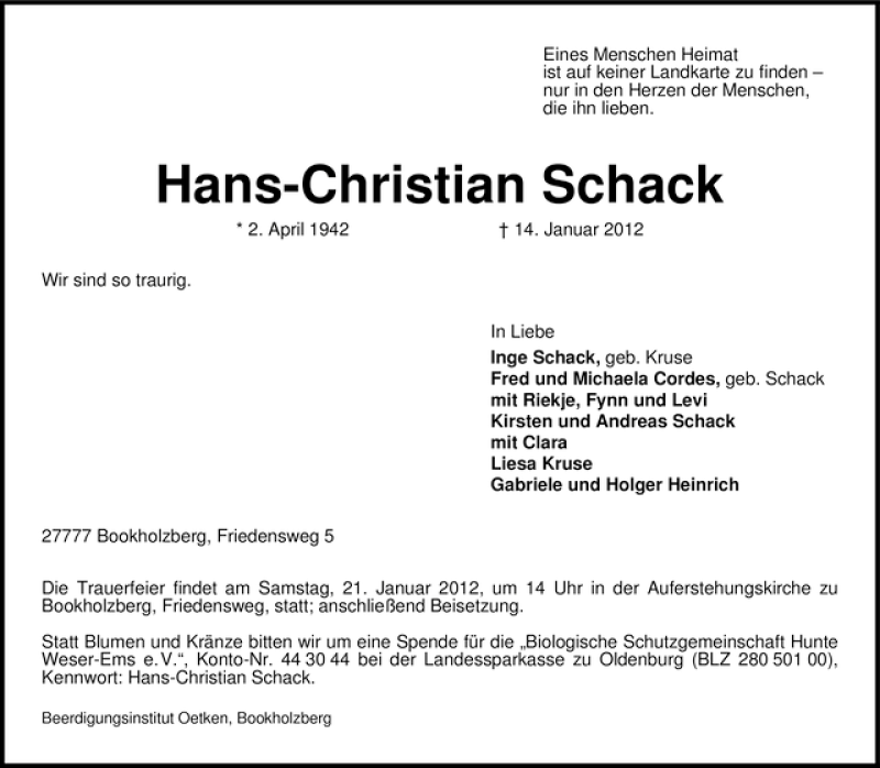 Traueranzeige für Hans-Christian Schack vom 17.01.2012 aus WESER-KURIER