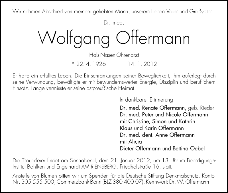  Traueranzeige für Wolfgang Offermann vom 17.01.2012 aus WESER-KURIER