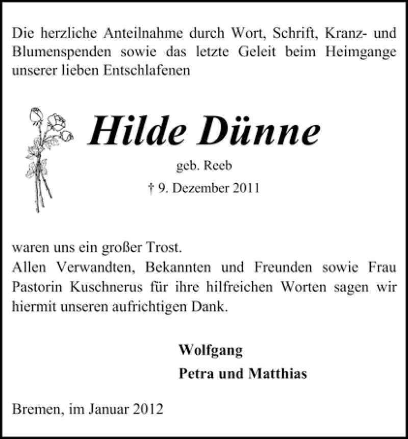  Traueranzeige für Hilde Dünne vom 18.01.2012 aus WESER-KURIER